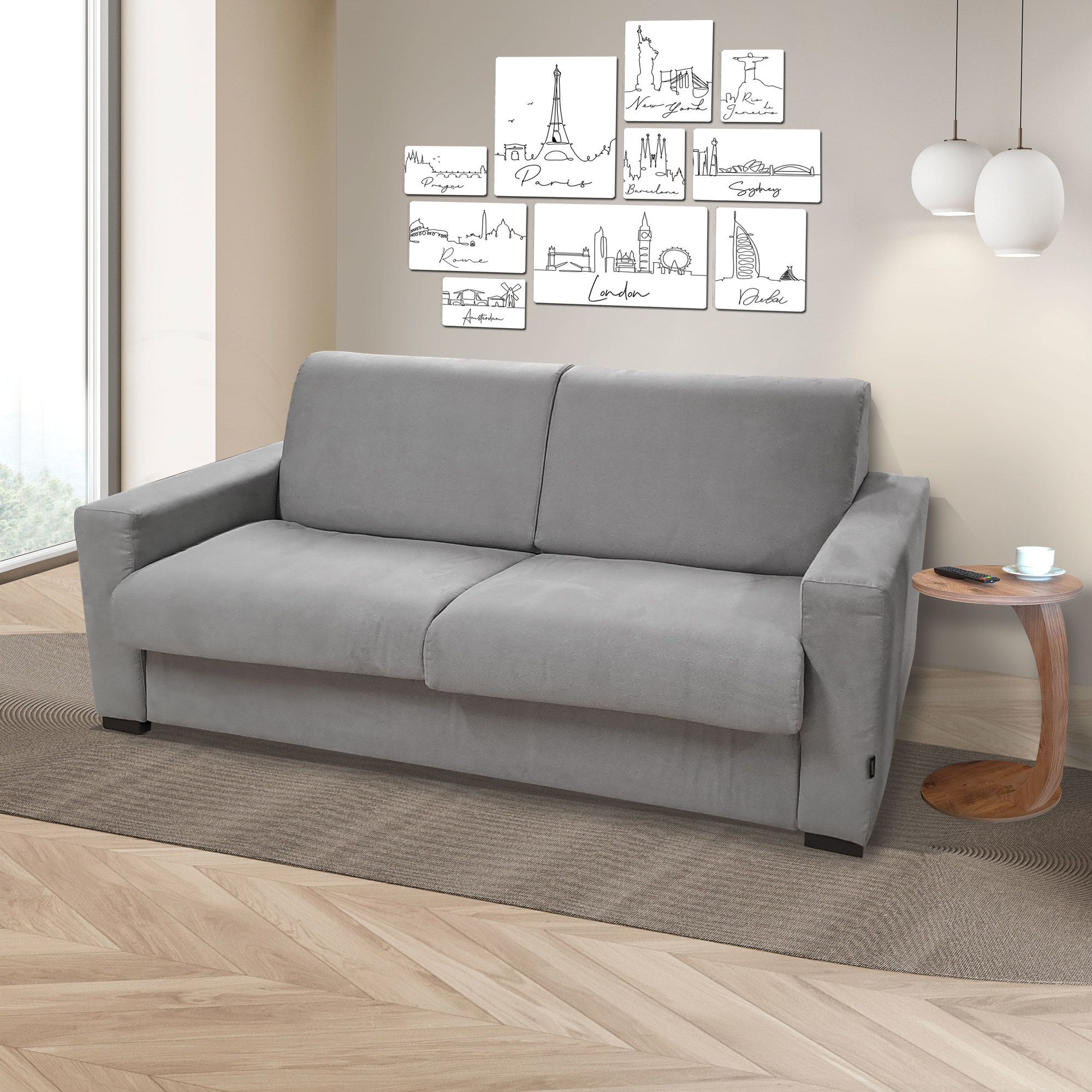 DIVANO LETTO BEATRICE CM 195 CON RETE ELETTROSALDATA IN TESSUTO GRIGIO