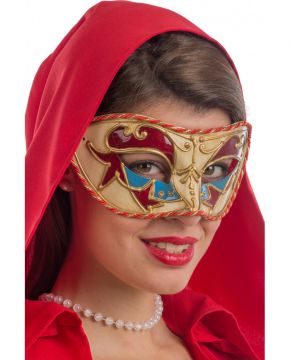 MASCHERA VENEZIANA IN PLASTICA DECORAZIONI ROSSE E AZZURRE 