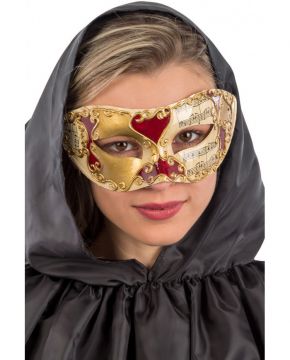 MASCHERA VENEZIANA IN PLASTICA CON DECORAZIONI ORO E ROSSE