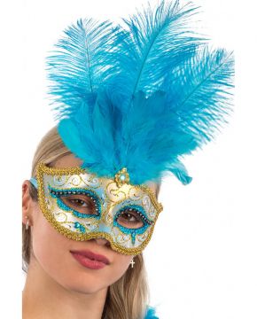 MASCHERA IN PLASTICA CON GLITTER AZZURRI E ORO, GEMME E PIUME