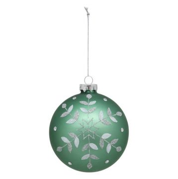 PALLINA DI VETRO VERDE OPACO CON DECORO FIOCCO DI NEVE BIANCO D. 10CM