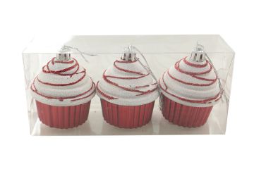 SET DI 3 PENDENTI A FORMA DI CUPCAKE ROSSO CON GLITTER 5.5X7 H. 16.5CM