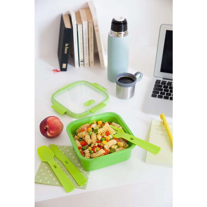 PORTA PRANZO LUNCH&GO IN PLASTICA VERDE CON POSATE 23X7X13CM