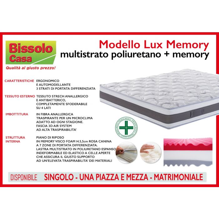 MATERASSO LUX MEMORY 1 PIAZZA E 1/2 120X190CM IN POLIURETANO E MEMORY